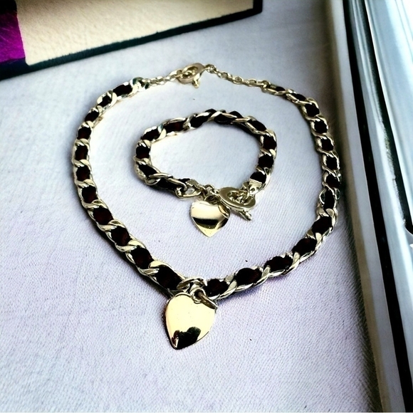 Women Jewelry Set Interlaced Brown Silver Heart Pendant Necklace & Bracelet Set - Picture 1 of 6